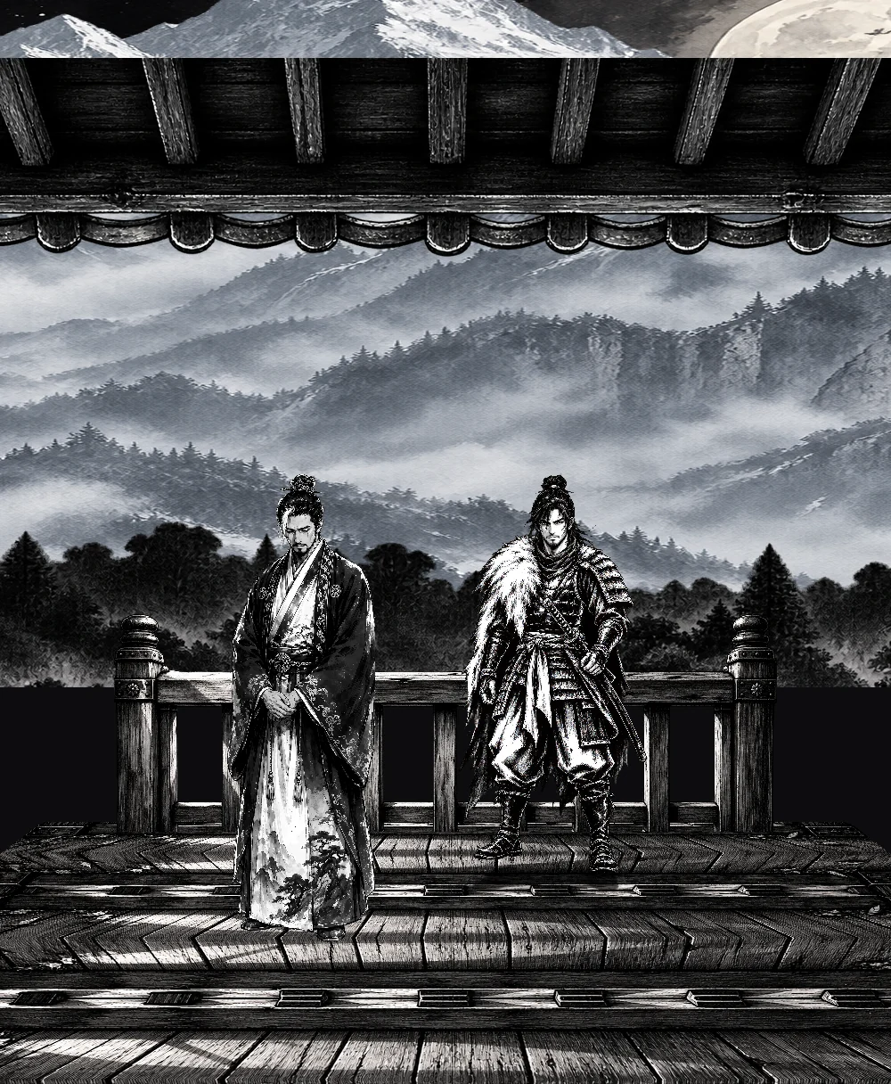 Arata y Satoru en el balcón de la galería norte, de noche, ante la gran montaña